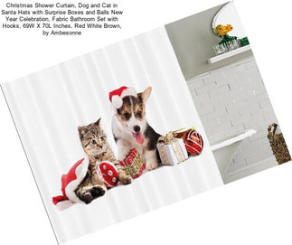 Christmas Shower Curtain, Dog and Cat in Santa Hats with Surprise Boxes and Balls New Year Celebration, Fabric Bathroom Set with Hooks, 69W X 70L Inches, Red White Brown, by Ambesonne