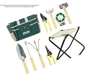 GardenHOME 10 Piece Garden Tool Set with Folding Stool and Heavy Duty Steel Tools included 2 pruning shears and a 20-meter plant twist tie are added