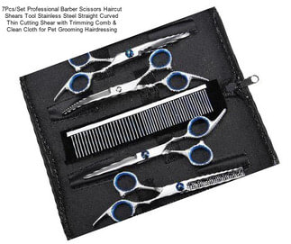 7Pcs/Set Professional Barber Scissors Haircut Shears Tool Stainless Steel Straight Curved Thin Cutting Shear with Trimming Comb & Clean Cloth for Pet Grooming Hairdressing