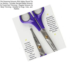 Pet Grooming Scissors With Safety Round Tip by Hertzko - Includes Serrated Blade Scissors for Facial Hair Trimming + Regular Scissors for Body Trimming - Suitable for Dogs, Cats, and Rabbits