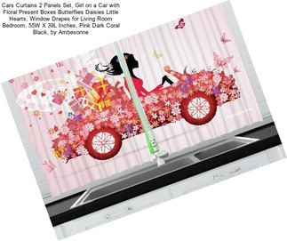 Cars Curtains 2 Panels Set, Girl on a Car with Floral Present Boxes Butterflies Daisies Little Hearts, Window Drapes for Living Room Bedroom, 55W X 39L Inches, Pink Dark Coral Black, by Ambesonne