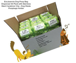EcoJeannie Dog Poop Bag Dispenser 60 Pack with Stainless Steel Carabiner Clip - Dog Waste Poopbags Holder