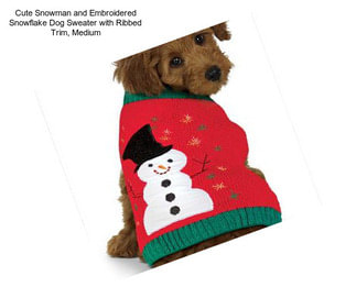 Cute Snowman and Embroidered Snowflake Dog Sweater with Ribbed Trim, Medium