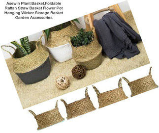 Asewin Plant Basket,Foldable Rattan Straw Basket Flower Pot Hanging Wicker Storage Basket Garden Accessories