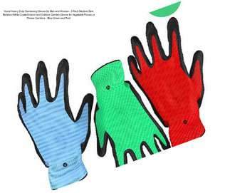 Vremi Heavy Duty Gardening Gloves for Men and Women - 3 Pack Medium Size Bamboo Nitrile Coated Indoor and Outdoor Garden Gloves for Vegetable Roses or Flower Gardens - Blue Green and Red