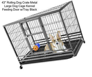 43\'\' Rolling Dog Crate Metal Large Dog Cage Kennel Feeding Door w/Tray Black