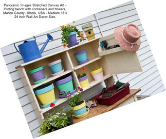 Panoramic Images Stretched Canvas Art - Potting bench with containers and flowers, Marion County, Illinois, USA - Medium 18 x 24 inch Wall Art Decor Size.