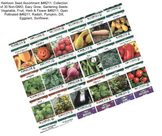 Heirloom Seed Assortment – Collection of 30 Non-GMO, Easy Grow, Gardening Seeds: Vegetable, Fruit, Herb & Flower – Open Pollinated – Radish, Pumpkin, Dill, Eggplant, Sunflower.