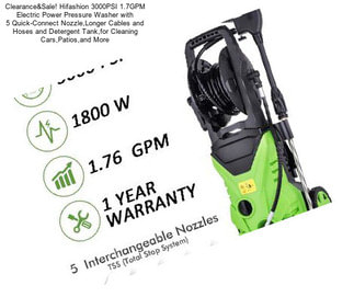 Clearance&Sale! Hifashion 3000PSI 1.7GPM Electric Power Pressure Washer with 5 Quick-Connect Nozzle,Longer Cables and Hoses and Detergent Tank,for Cleaning Cars,Patios,and More