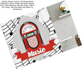 Jukebox Shower Curtain, Old Vintage Music Radio Box Cartoon Image with Notes Artwork Print, Fabric Bathroom Set with Hooks, 69W X 70L Inches, Red Grey Black and White, by Ambesonne