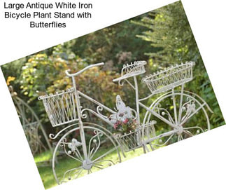 Large Antique White Iron Bicycle Plant Stand with Butterflies