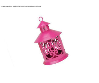 8 in. Shiny Pink Votive or Tealight Candle Holder Lantern with Star and Scroll Cutouts