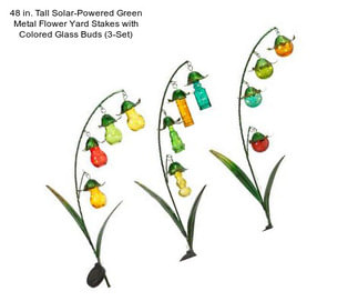 48 in. Tall Solar-Powered Green Metal Flower Yard Stakes with Colored Glass Buds (3-Set)