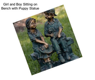 Girl and Boy Sitting on Bench with Puppy Statue