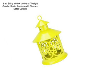 8 in. Shiny Yellow Votive or Tealight Candle Holder Lantern with Star and Scroll Cutouts
