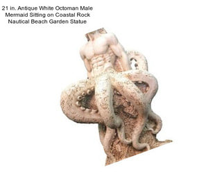 21 in. Antique White Octoman Male Mermaid Sitting on Coastal Rock Nautical Beach Garden Statue