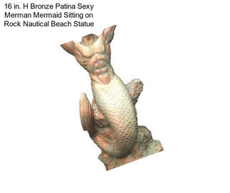 16 in. H Bronze Patina Sexy Merman Mermaid Sitting on Rock Nautical Beach Statue